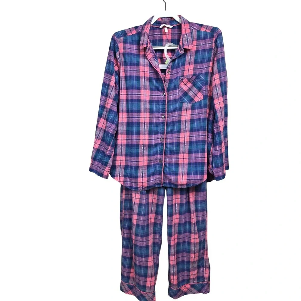 Victoria's Secret Pajama Set Women L Pink Blue Plaid Flannel Button Lounge Cozy